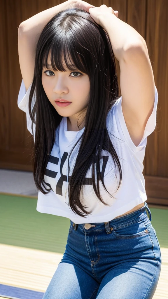 (High Resolution CG Unity 8k Wallpaper), (Masterpiece), (Best Quality), (Super Detailed), (Best Illustration), 1 Female, (Kyoko Otonashi: 1.4), (Long Black Hair with Bangs Falling Over Her Forehead: 1.4), (Big Breasts: 1.2), (Cool T-Shirt and Jeans: 1.4), ((Wipe the Tatami: 1.2)), (Old Wooden Apartment: 1.2)), Puffy Eyes, Close-up, (Upper Body: 1.4)
