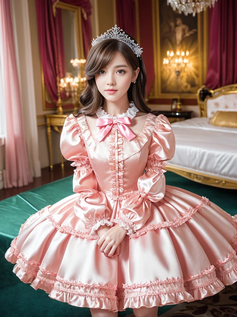 ,highest quality, masterpiece, highest resolution, work of art, super それにget used to, many get used to, get used to, それにget used to, 3K realistic photos,,(. 2 beautiful mature women aged 25 years)), black long hair Super detailed beautiful face, both princesses, Full length ball gown with circle skirt, ruffle yoke collar, puff sleeves, long sleeves, ((Lolita style bright pink detailed satin princess dress、Comes with lots of frills and bows。)) ,Colorful fashion in style rococo, shiny satin dress, Soft and smooth fabric, luxury, long blonde hair, blue eyes, European white skin, pajamas, ((inside the palace bedroom)), Canopy bed,