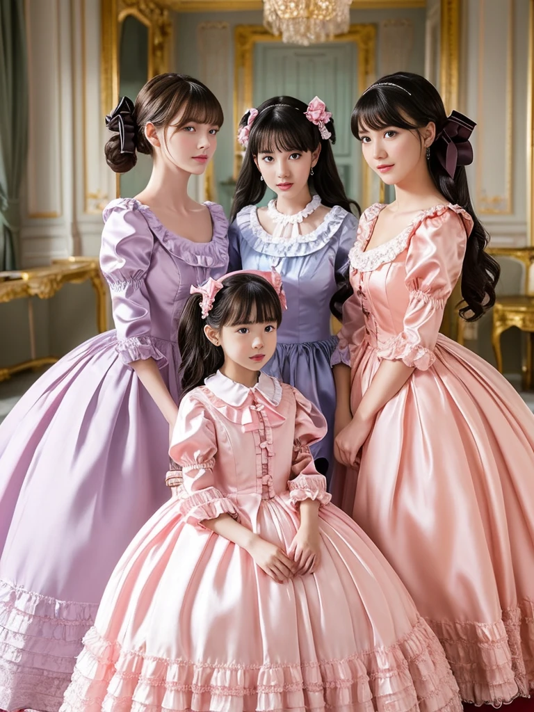 ,highest quality, masterpiece, highest resolution, work of art, super それにget used to, many get used to, get used to, それにget used to, 3K realistic photos,,(. 2 beautiful mature women aged 25 years)), black long hair Super detailed beautiful face, both princesses, Full length ball gown with circle skirt, ruffle yoke collar, puff sleeves, long sleeves, ((Lolita style bright pink detailed satin princess dress、Comes with lots of frills and bows。)) ,Colorful fashion in style rococo, shiny satin dress, Soft and smooth fabric, luxury, long blonde hair, blue eyes, European white skin, pajamas, ((inside the palace bedroom)), Canopy bed,