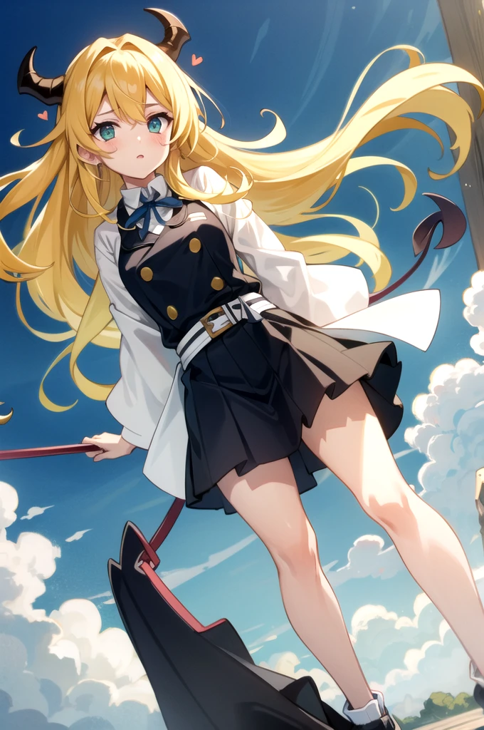 a girl with long yellow hair, and the ends are colored light green. The eyes are green, and the pupils are black in the shape of a heart. She's wearing a demon slayer uniform, but a skirt instead of pants. Japanese haori with windy gusts of love. There is a heart clip on her hair. A blade with a heart 