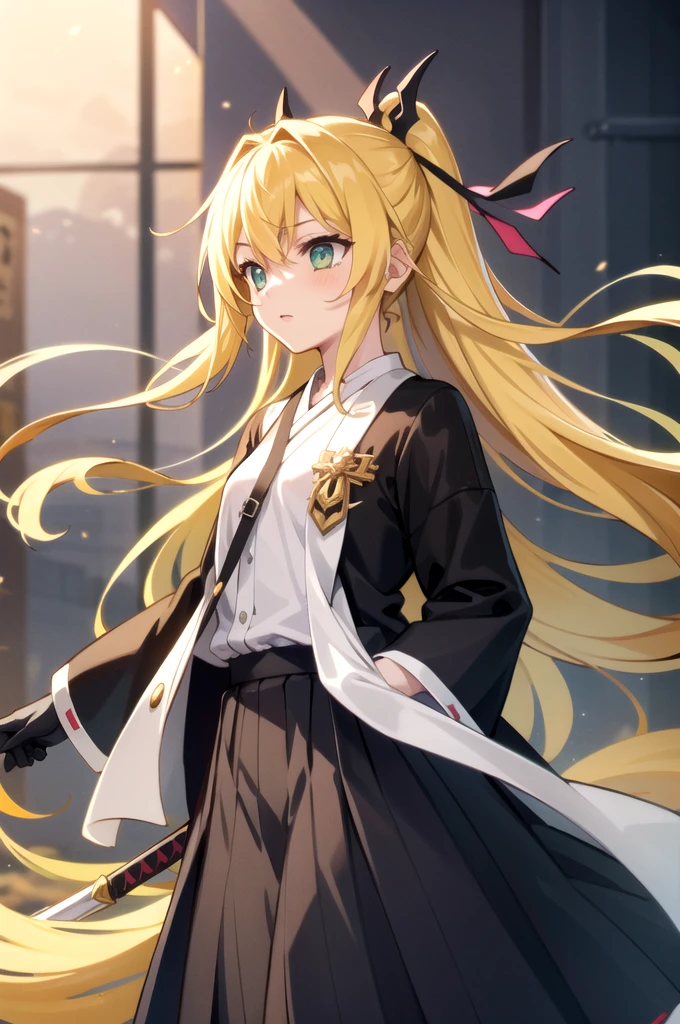 a girl with long yellow hair, and the ends are colored light green. The eyes are green, and the pupils are black in the shape of a heart. She's wearing a demon slayer uniform, but a skirt instead of pants. Japanese haori with windy gusts of love. There is a heart clip on her hair. A blade with a heart 