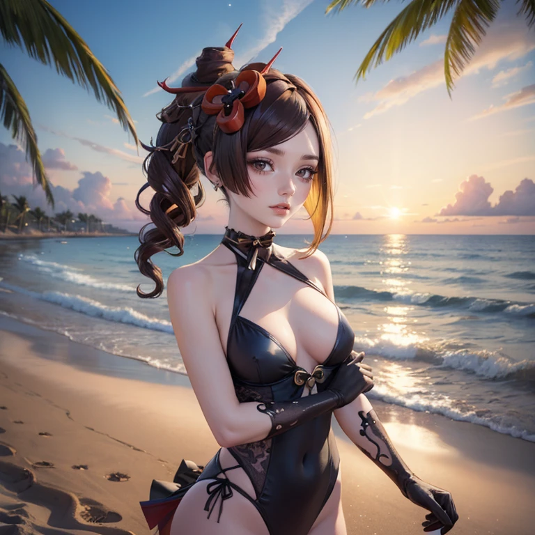 Chiori_(genshin impact), 1 girl, ornament hair, swim suit, gloves, wave hair, brown hair, beach scene, sea on focus, yellow swim suit, more details on her clothes, sea, night, smiling, ornament hair, long hair, palm trees, Looking at the viewer, flowing hair, Beautiful Eyes, Plump and glossy lips, white swim suit with too many frills, beach, beach scenery, sparkle, solo, centered girl, cowboy shot, perfectly body, perfectly hands, two arms, two legs, two hands, five fingers, perfect anatomy, glowing hair, cat ears, beach scene, upper body portrait à