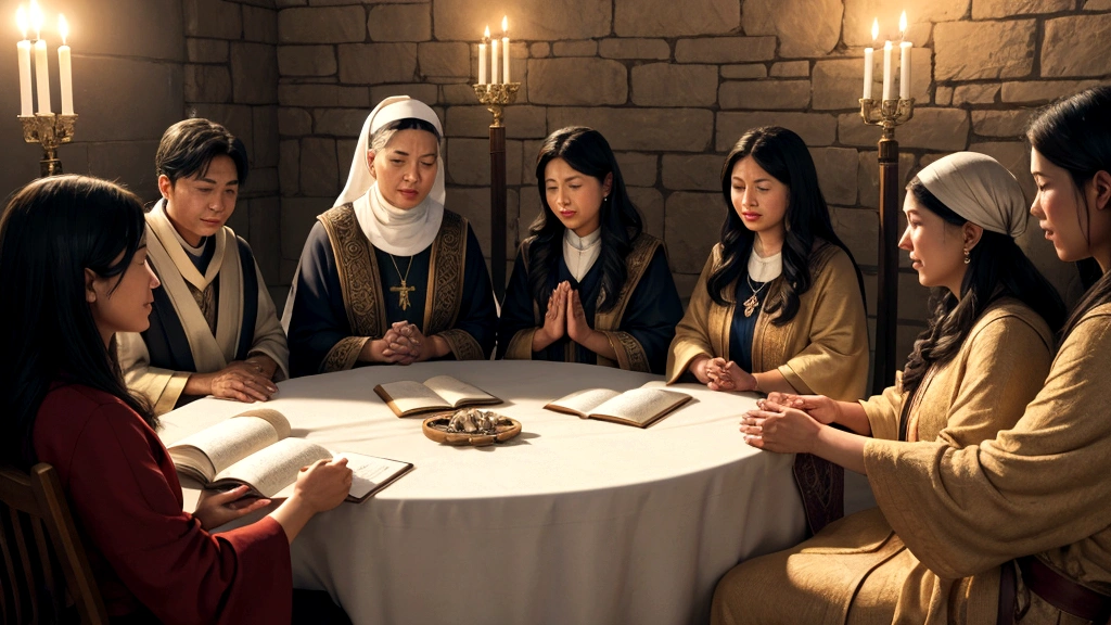 "Description: Illustrate the bridge between scripture and personal experience through historical and contemporary testimonies. Show a mosaic of individuals of different ages and backgrounds, each sharing their personal stories of faith and transformation inspired by biblical teachings. Depict scenes of community gatherings, prayer circles, and study sessions where these testimonies inspire faith and offer hope.
Details: Use warm, inviting colors and soft lighting to convey a sense of community and spiritual connection. Include elements such as open Bibles, candles, and symbols of faith that unite the individuals in their shared experiences. Show expressions of gratitude, resilience, and spiritual growth on the faces of those sharing their testimonies, illustrating the profound impact of scripture on personal lives.
"