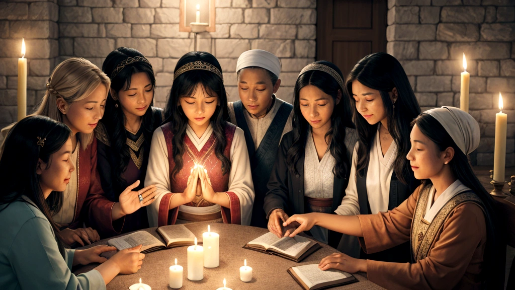 "Description: Illustrate the bridge between scripture and personal experience through historical and contemporary testimonies. Show a mosaic of individuals of different ages and backgrounds, each sharing their personal stories of faith and transformation inspired by biblical teachings. Depict scenes of community gatherings, prayer circles, and study sessions where these testimonies inspire faith and offer hope.

Details: Use warm, inviting colors and soft lighting to convey a sense of community and spiritual connection. Include elements such as open Bibles, candles, and symbols of faith that unite the individuals in their shared experiences. Show expressions of gratitude, resilience, and spiritual growth on the faces of those sharing their testimonies, illustrating the profound impact of scripture on personal lives.

"