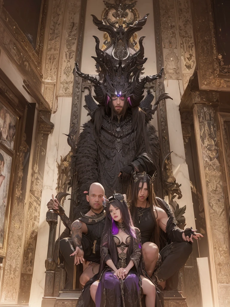 A hyper realistic image of a King and a queen standing together holding hands in the throne room, horned demon skulls adorn the walls, The Queen has long curly black hair and is wearing a sensual and revealing black and purple leather outfit, the king is bald and has tribal tattoos and a goatee, 16K, epic detail, epic composition.