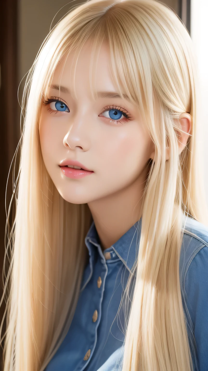 Highest quality、masterpiece、(Realistic:1.4)、One very beautiful blonde girl、Dazzlingly long, super long straight silky platinum blonde、Bangs between the eyes、bangs on the face、Big, very bright light blue eyes that shine so beautifully、Very big eyes、front、Detailed face、Beautiful Eyes、Very white and bright, beautiful skin、Small Face Beauty、14 year old beautiful girl、Cheek gloss highlighter、Round face