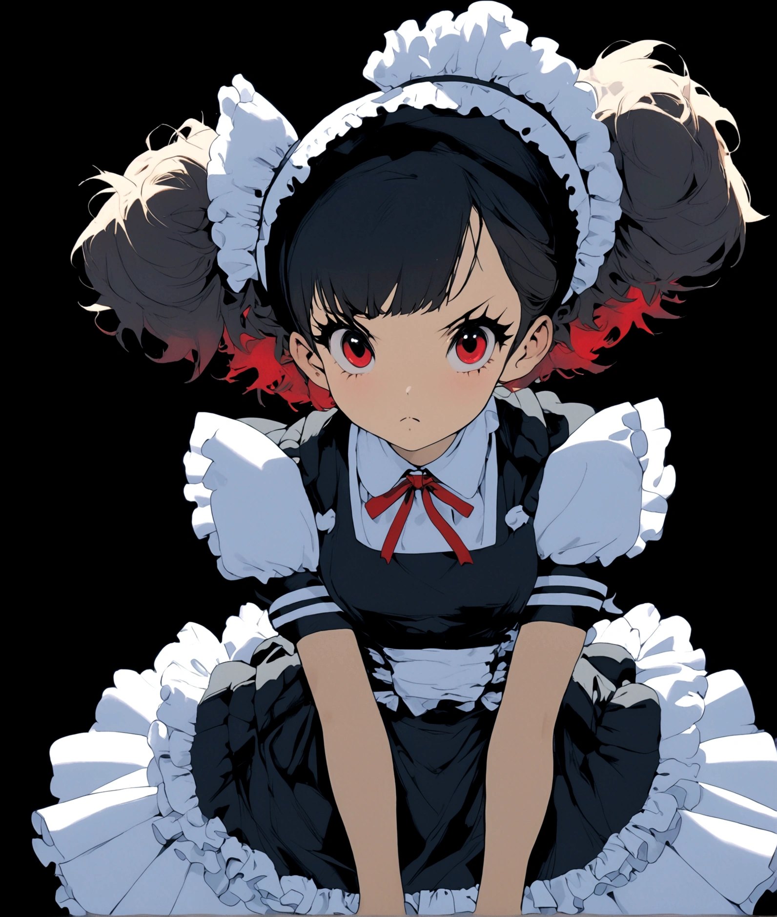 1girl, solo, breasts, looking at viewer, short hair, bangs, simple background, black hair, red eyes, dress, medium breasts, closed mouth, weapon, short sleeves, pantyhose, multicolored hair, frills, puffy sleeves, belt, nail polish, apron, black dress, puffy short sleeves, hand on hip, wrist cuffs, maid, maid headdress, black background, red nails, maid apron, cropped legs
