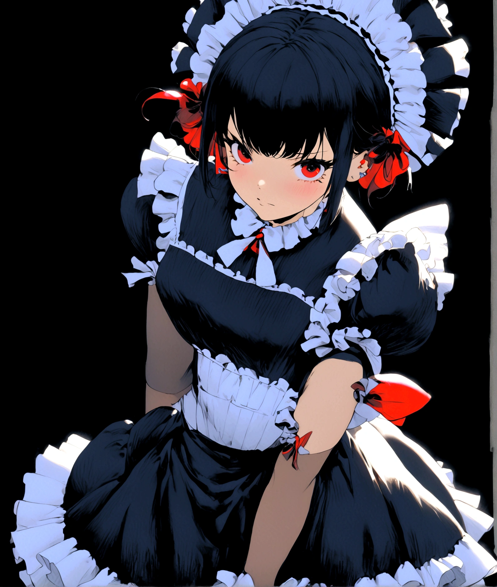 1girl, solo, breasts, looking at viewer, short hair, bangs, simple background, black hair, red eyes, dress, medium breasts, closed mouth, weapon, short sleeves, pantyhose, multicolored hair, frills, puffy sleeves, belt, nail polish, apron, black dress, puffy short sleeves, hand on hip, wrist cuffs, maid, maid headdress, black background, red nails, maid apron, cropped legs