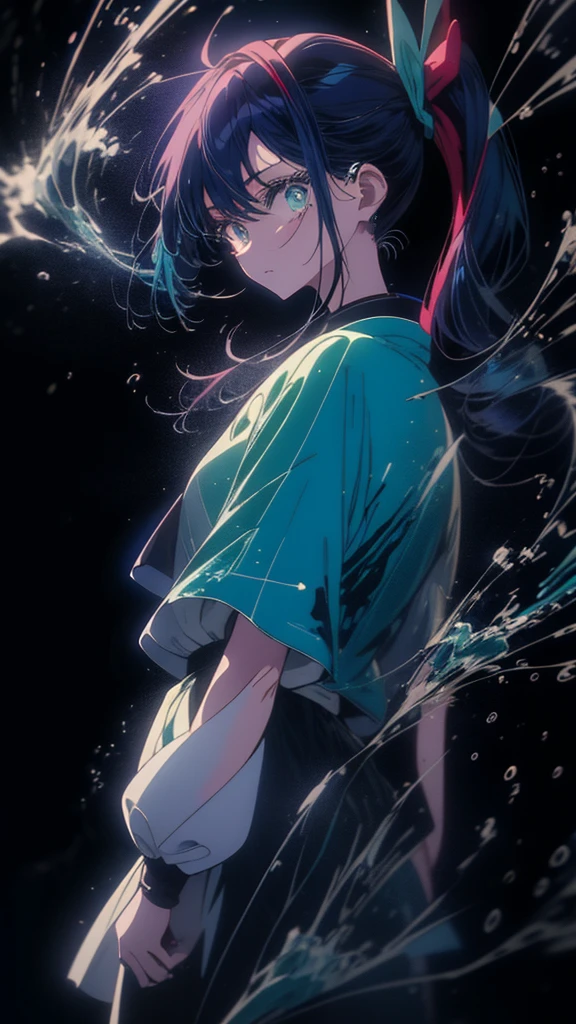 Blue-haired side ponytail，Design clothing，Seven-doppelganger shot，Anime style 4K，Anime girl with teal hair，High quality anime art style，Standing painting，Splash ink background，Blue Themes、blue sky