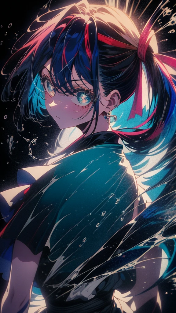 Blue-haired side ponytail，Design clothing，Seven-doppelganger shot，Anime style 4K，Anime girl with teal hair，High quality anime art style，Standing painting，Splash ink background，Blue Themes、blue sky