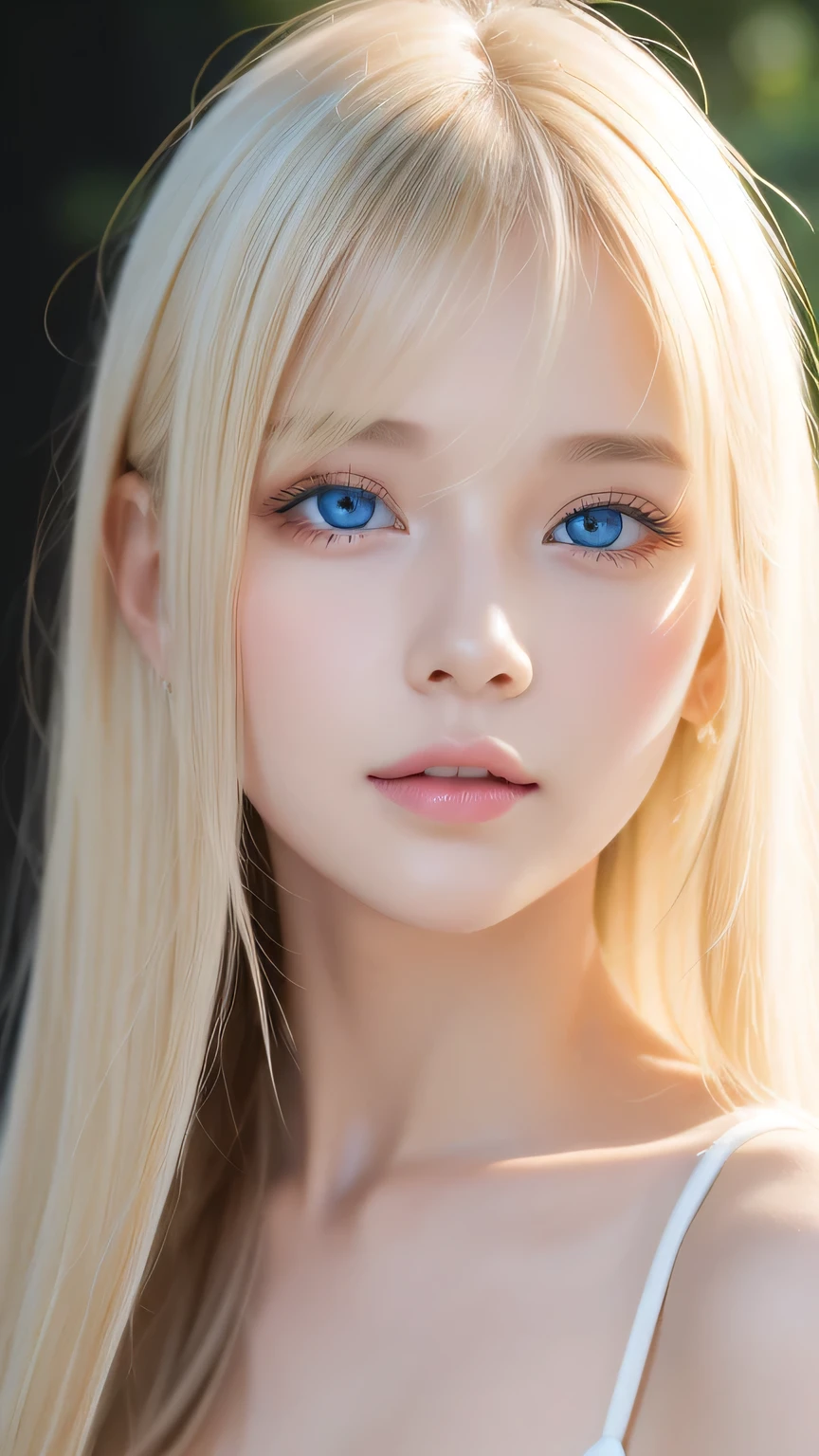 Highest quality、masterpiece、(Realistic:1.4)、One very beautiful blonde girl、Dazzlingly long, super long straight silky platinum blonde、Bangs between the eyes、bangs on the face、Big, very bright light blue eyes that shine so beautifully、Very big eyes、front、Detailed face、Beautiful Eyes、Very white and bright, beautiful skin、Small Face Beauty、14 year old beautiful girl、Cheek gloss highlighter、Round face