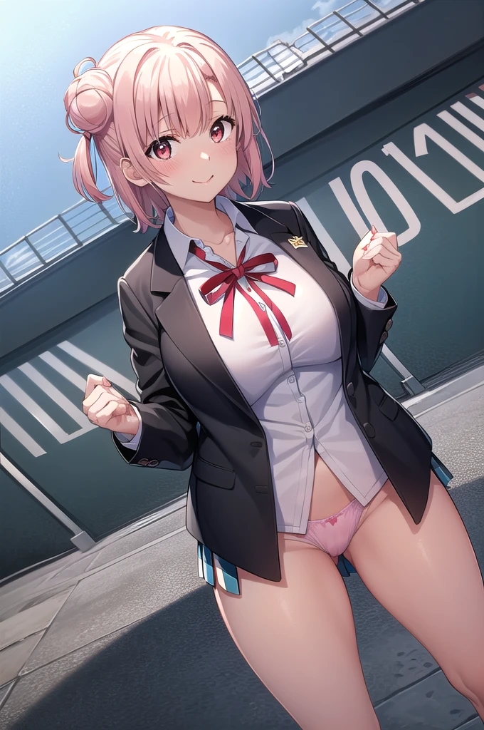 masterpiece, Highest quality, High resolution, ayui, short hair, Single hair bun, Red eyes, Small head, clavicle, Neck ribbon, White shirt, Dress shirt, blazer, Black jacket, Open jacket, Long sleeve, Checked skirt, smile, blush, Outdoor, White thighs, (Huge breasts), (Wide pelvis), (Are standing), (Very large_Lower Body:1.5), (Very thick_feet:1.5), (完全に露出したpanties:1.5), (panties丸見え:1.5), (pink_Race_panties:1.5), (Skirt flip:1.5), (スカート that rolls up:1.5), (feetをクロスさせる:1.5), (Looking up at the crotch from below_perspective:1.5), (Looking at the audience), (Cowboy Shot)