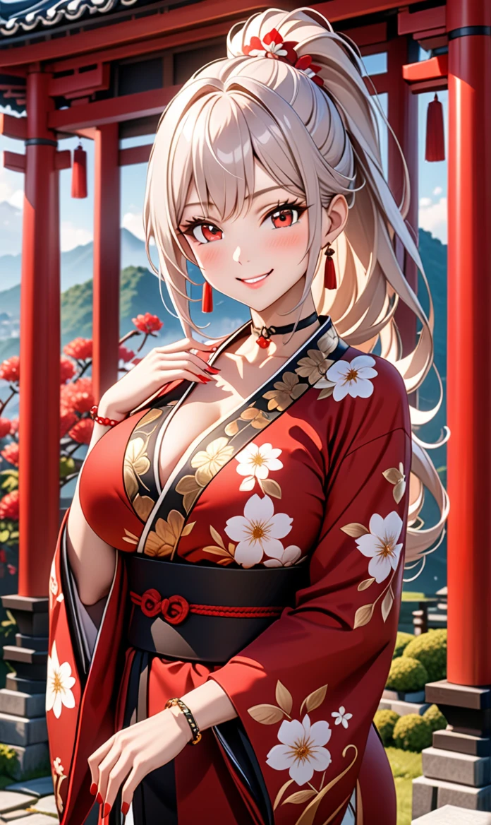 ultra-detailed, ((one girl)), hyper detailed, absurdres, 8K,Cute face, (Laugh shyly), ((teasing smile:1.8)), ((Wink:1.8)), ((Doing sexy poses)), (Laugh with your mouth wide open:1.3),(Tilt your head:1.3), (crossed arms:1.3), View your viewers, ((Bright red cheeks:1.6)),Glossy Red Lips, ((Big Breasts:1.5)) (valley), night, Shrines in the countryside, (Brighten your face), ((Anime style background)),masterpiece, Highest quality, so beautiful,Latest, Complex details, (Pink long nails), (nail art), (ring),(bracelet), (Floral Choker),AI-generated, Complex,High resolution, Highest quality, super high quality,3D Images、3D Images,One person,Long white hair,(High Ponytail), Anime woman posing for a photo, ((Fine grain, pale blue eyes, glowing eyes:1.4)), (Squint your eyes:1.1),a hyperRealistic , hyperRealistic , Realistic,Anime woman with long white hair, Smooth anime CG art, With gold embroidery、A girl in a gorgeous kimono, ((Black long sleeve kimono:1.5)),(Red large floral pattern) ,Long flower hair ornament,Floral Earrings,Mature Body,tall,Abdominal muscles,Narrow waist,((portrait:1.9)),(front view),