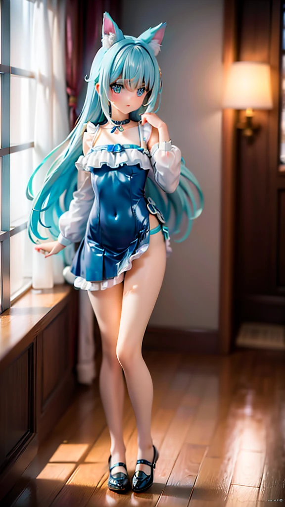 (Intricate and highly detailed illustration:1.2)、Cute Shota、Cat-eared teenager、Light blue long hair,Wearing a sailor-style frilled camisole and frilled skirt style bikini、bright、Sparkling、