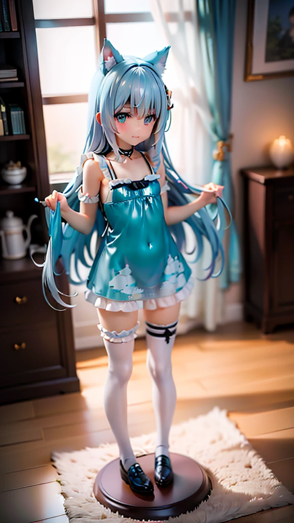 (Intricate and highly detailed illustration:1.2)、Cute Shota、Cat-eared ager、Light blue long hair,Wearing a sailor-style frilled camisole and frilled skirt style bikini、bright、Sparkling、