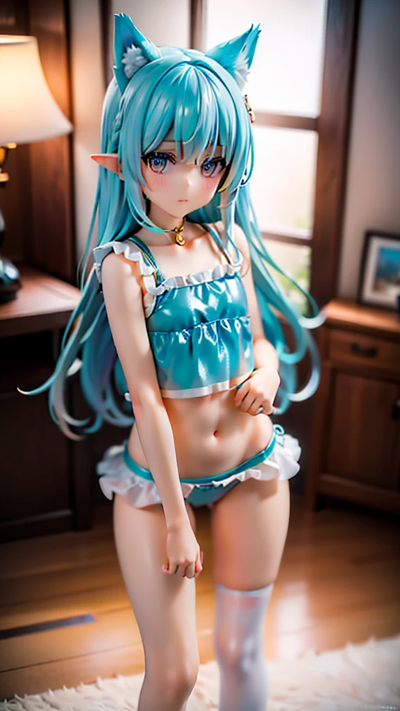 (Intricate and highly detailed illustration:1.2)、Cute Shota、Cat-eared ager、Light blue long hair,Wearing a sailor-style frilled camisole and frilled skirt style bikini、bright、Sparkling、