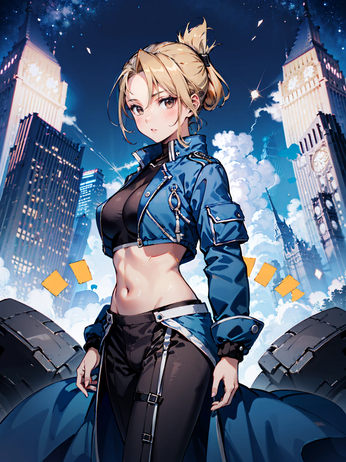 masterpiece, Highest quality, High resolution, One girl, (Blue jacketの下にBlack innerwearを着ている), Folded ponytail, Brown eyes, , uniform, Blue jacket, Blue pants, ,Big Breasts, Black innerwear, (