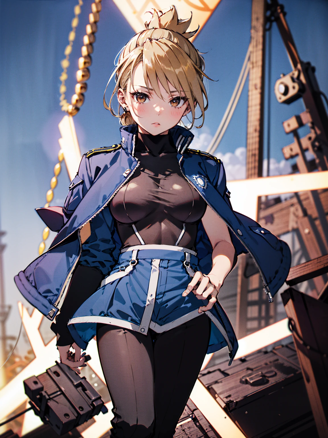 masterpiece, Highest quality, High resolution, One girl, (Blue jacketの下にBlack innerwearを着ている), Folded ponytail, Brown eyes, , uniform, Blue jacket, Blue pants, ,Big Breasts, Black innerwear, (
