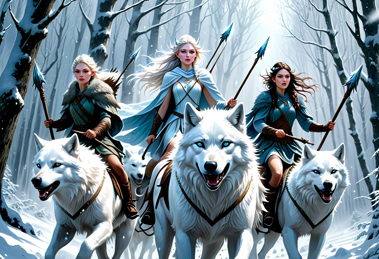 hyper-realistic digital painting, very detailed faces, fae aesthetic, ice fairies riding to war, riding on white wolves, forest scene, ((snow storm)), carrying spears