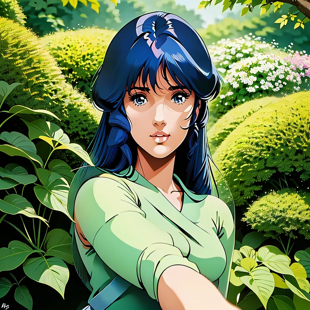 (((Best Quality, high resolution))),sniper aiming straight ahead ((hyper realistic portrait looking at viewer ))(Best Quality, high resolution),Sniper Aiming at the Girl as Lynn Minmay,Beautiful detailed eyes, detailed lips, long eyelashes,girl in a garden,soft sunlight,half:oil painting,ultra detailed,realist,vivid colors,fantastic atmosphere,shadows and lights,Greenery and flowers,peaceful and serene,Masterpiece:1.2