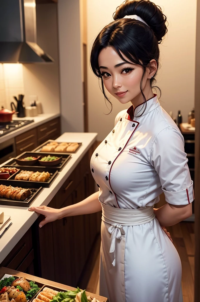 A high definition wide scene in a kitchen of a large restaurant with a beautiful oriental woman chef and restaurant owner and famous sommelier happy preparing her special dishes with wonderful red wines, wearing her chef uniform on her perfect body in her 50s and very short white hair in a beautiful smile while working intensely alongside a very young muscular and handsome Brazilian assistant chef who is much younger than her