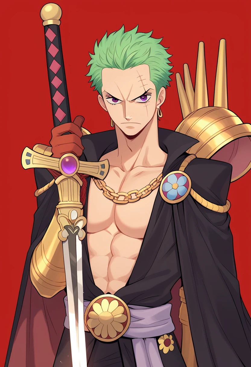 score_9, score_8_up, score_7_up, score_6_up, score_5_up, score_4_up, Zoro from One Piece with his green hair and a confident, intense expression. His right eye is sharp and focused, while his left eye is squinted and features a prominent scar. His mouth is clenched tightly around a sword, showing readiness and determination. His overall demeanor exudes strength, confidence, and a fierce readiness for battle, r3dgl0w, purple eyes, red background, 1boy, dark,