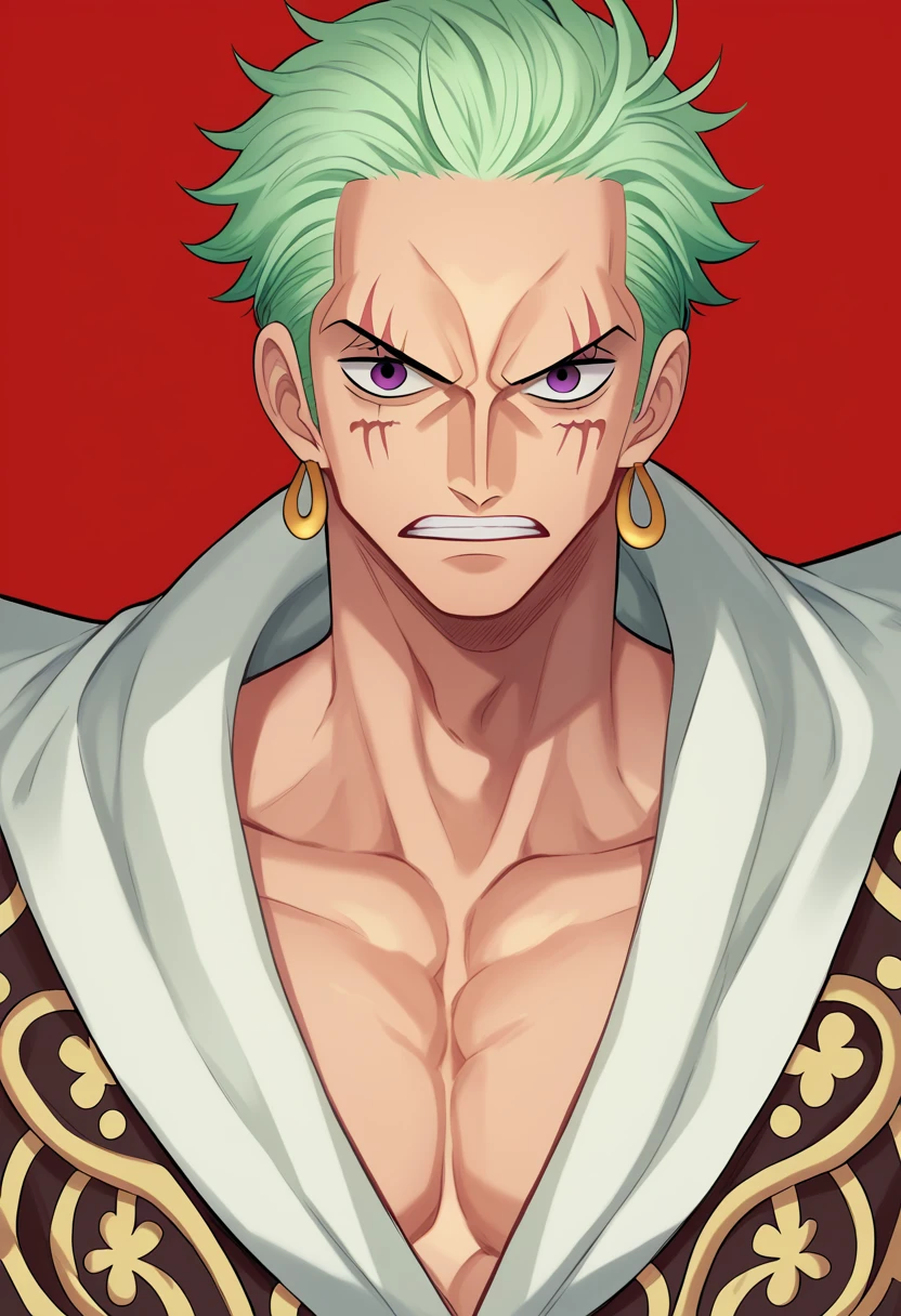 score_9, score_8_up, score_7_up, score_6_up, score_5_up, score_4_up, Zoro from One Piece with his green hair and a confident, intense expression. His right eye is sharp and focused, while his left eye is squinted and features a prominent scar. His mouth is clenched tightly around a sword, showing readiness and determination. His overall demeanor exudes strength, confidence, and a fierce readiness for battle, r3dgl0w, purple eyes, red background, 1boy, dark,