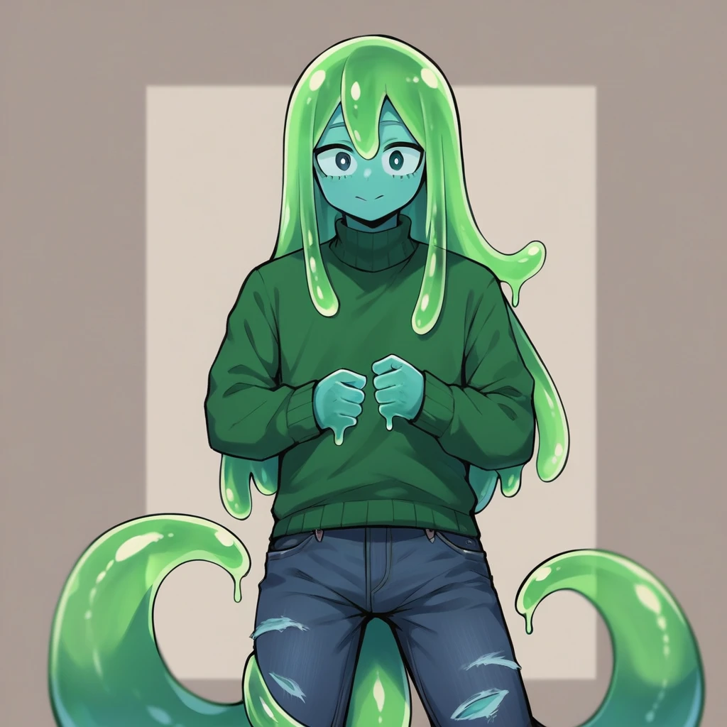 score_9, score_8_up, score_7_up, score_6_up, score_5_up, score_4_up, source_anime, 1Boy, slime Boy, Blue skin, Punk style, Long hair with green tips, tentacles, slime tentacles, slime boy, solo, slimegirlsfw, slime boy, ripped jeans, sweater, slimeboy, femboy, tentacles, school, depth of field, LUT,  medium close shot, detailed, handsome, cute slime boy. My hero academia school, Tentacle tail.