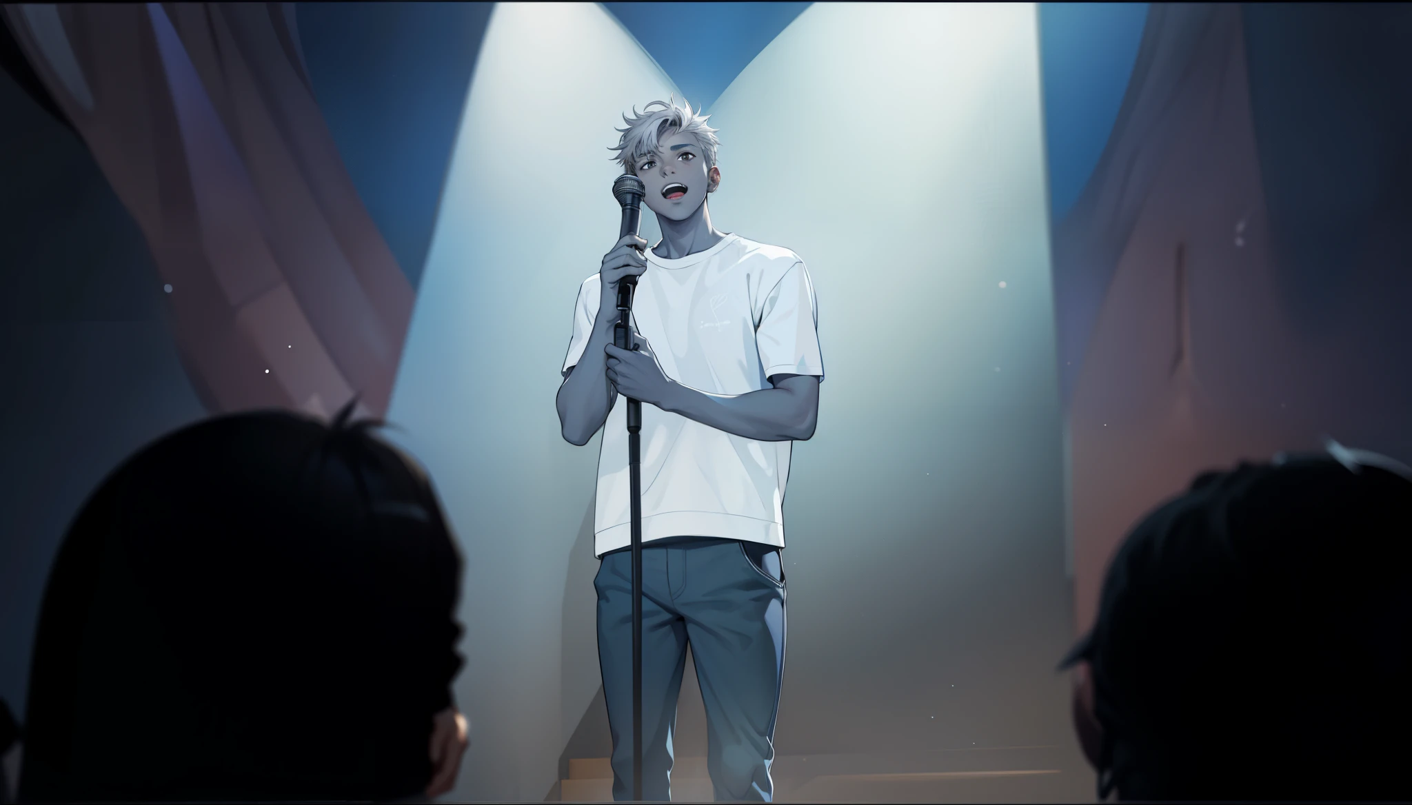There is a 17 year old young man at a microphone singing, he has gray hair and gray eyes., there are spectators watching him sing