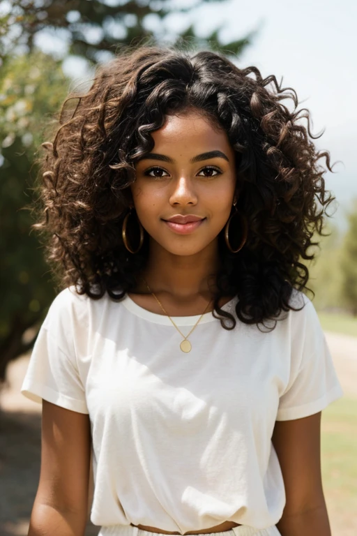 A girl with dark skin and super curly hair. let it be beautiful