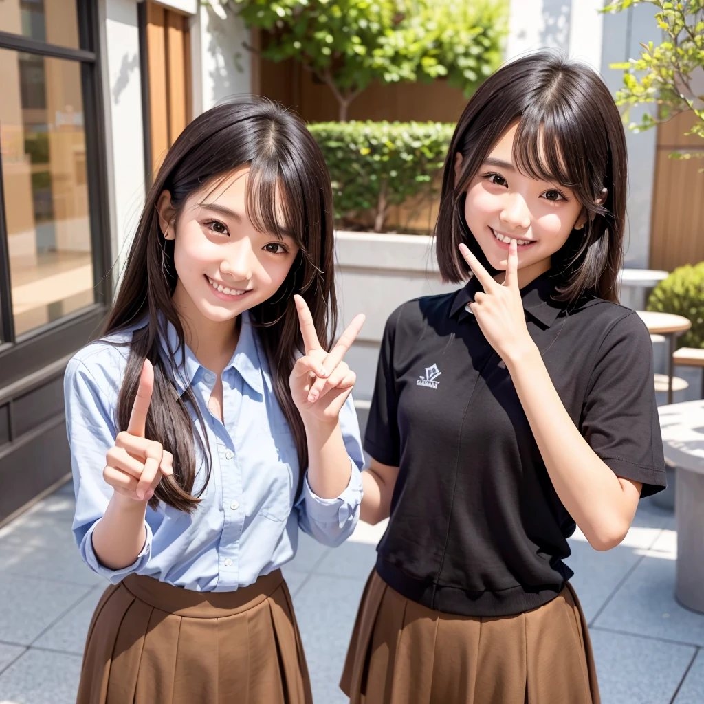 A confident smile, School courtyard,A fun atmosphere,Semi-long hair, Brown eyes,Brown Skin,When two students are talking、He is making a gesture that resembles a peace sign. (In the courtyard), skirt, Black Hair, indoor, lunch,Bento, shirt, ((((Complete faithful finger))))