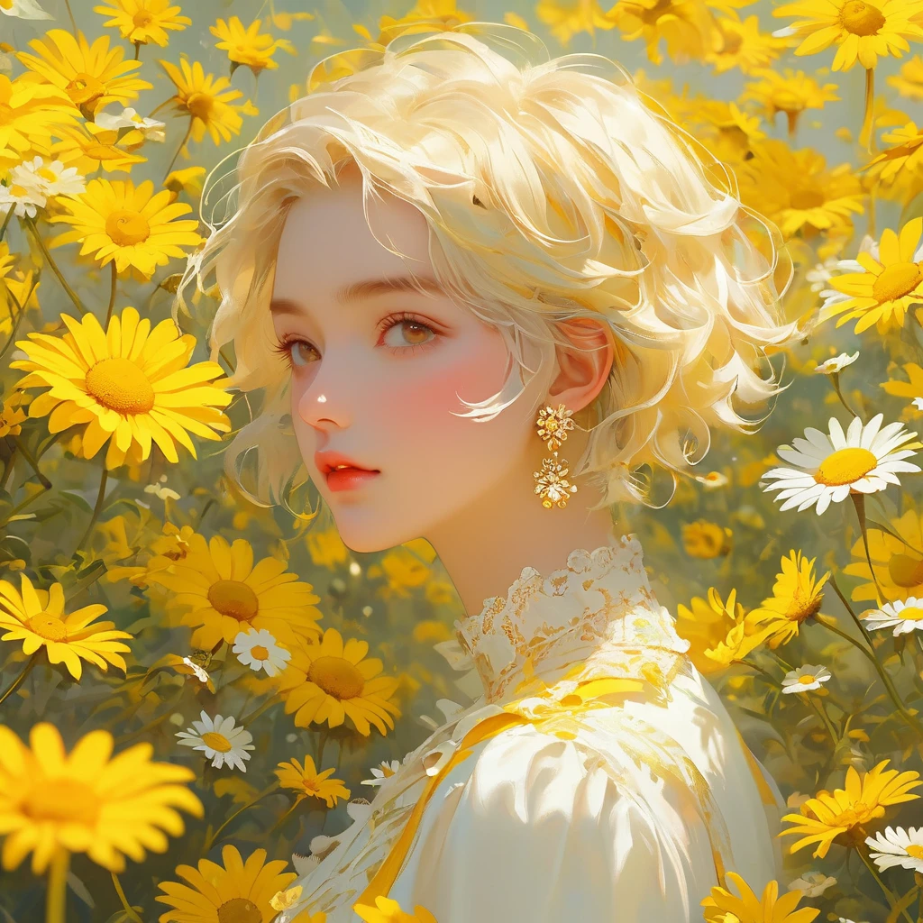 highest quality, masterpiece, girl, yellow short hair, slightly curly hair, Yellow earrings, collar, (Yellow and white clothes), (Delicate hair depiction), (Delicate yellow eyes), (delicate features), alone, (small daisies), Portrait depiction, solid color background, broken state