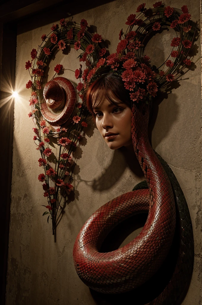 Serpent, champs de fleurs rouge et doré