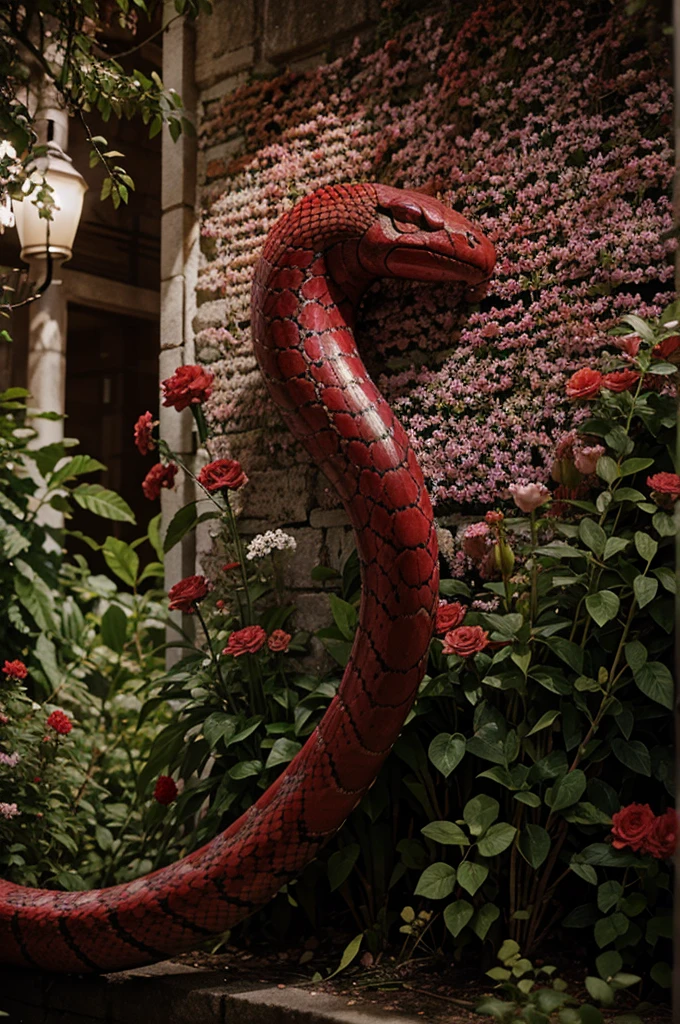 Serpent, champs de fleurs rouge et doré