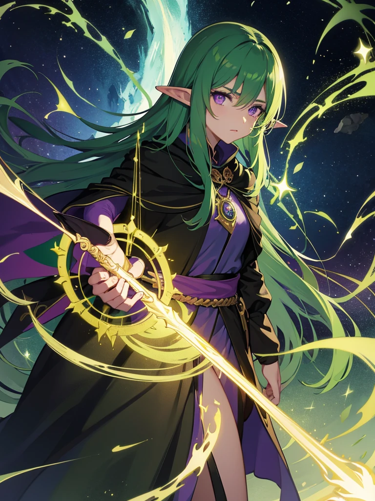 Elf Man, mage, green hair, dark fantasy, detailed green and black cosmic robe, cosmic staff, dragon wings , purple eyes, solo 