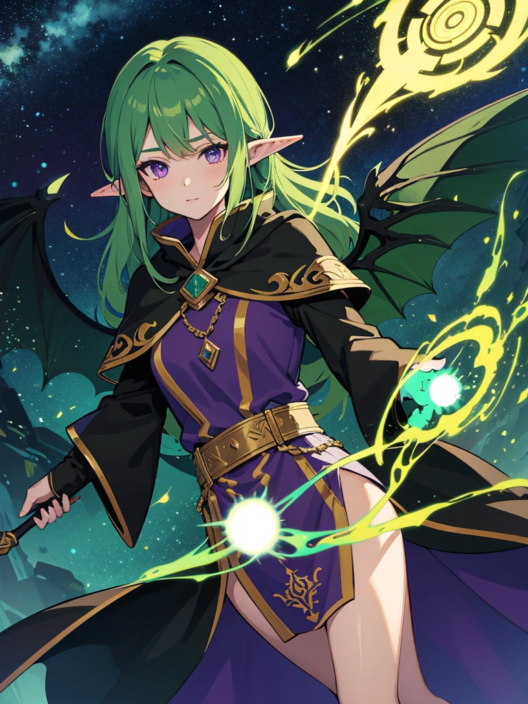 Elf Man, mage, green hair, dark fantasy, detailed green and black cosmic robe, cosmic staff, dragon wings , purple eyes, solo 