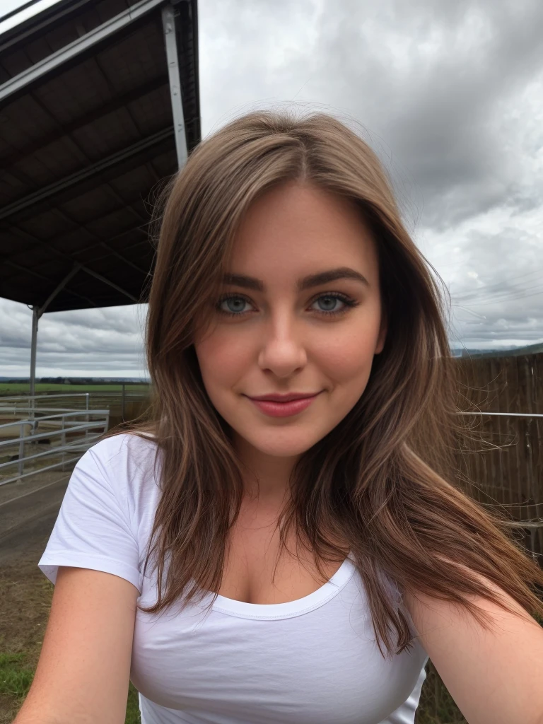 Photo of beautiful 24 y.o swedish girl from below, medium length dark brunette hair, wears a full white oversized t shirt, (dark brown eyes:1.2), pale skin, arrogant smile, with an air of superiority, busty, giant breasts, outside, rural town, UK, blurred background, clouds in the background, cloudy day