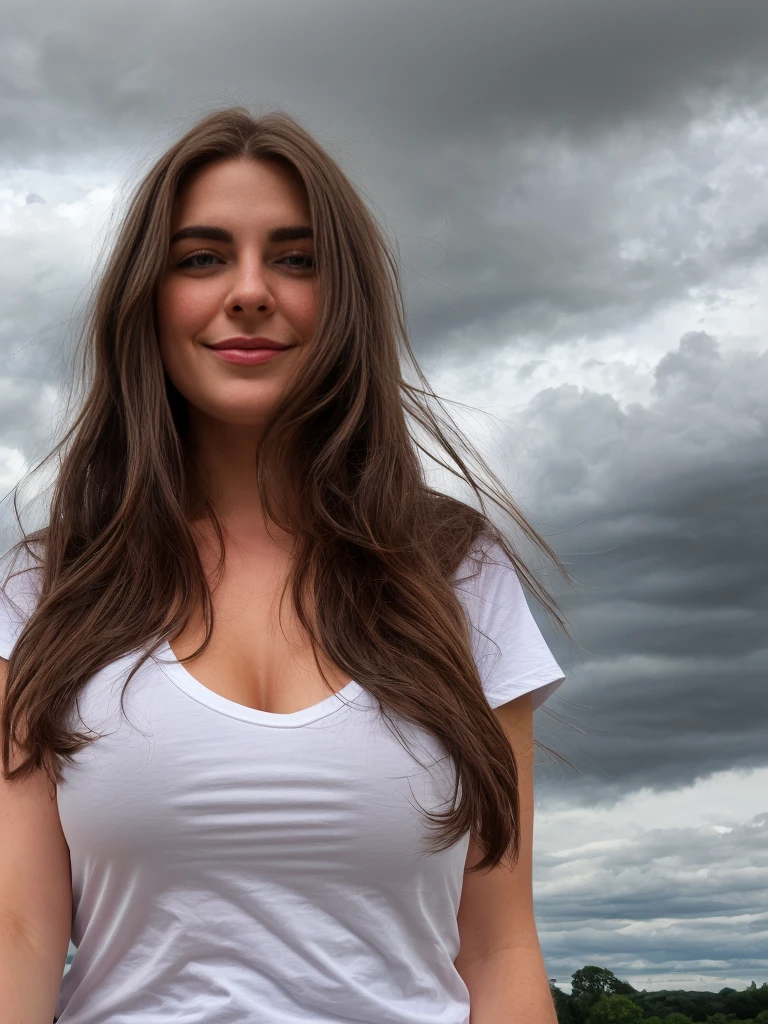 Photo of beautiful 24 y.o swedish girl from below, medium length dark brunette hair, wears a full white oversized t shirt, (dark brown eyes:1.2), pale skin, arrogant smile, with an air of superiority, busty, giant breasts, outside, rural town, UK, blurred background, clouds in the background, cloudy day