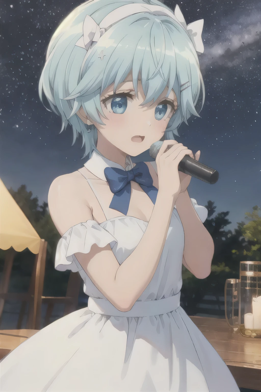 Starry Sky,meteor,Blue Hair,Acting cute,White Dress,Sing,White bow hairpin