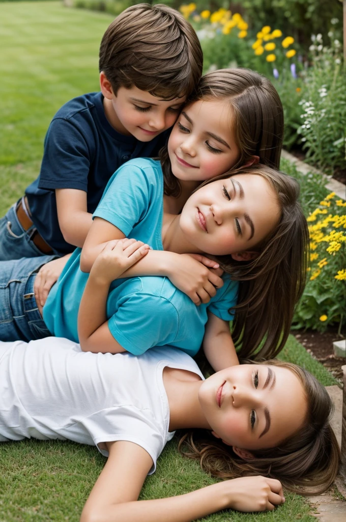 Create image in which boy is laying on girls knee in garden 
