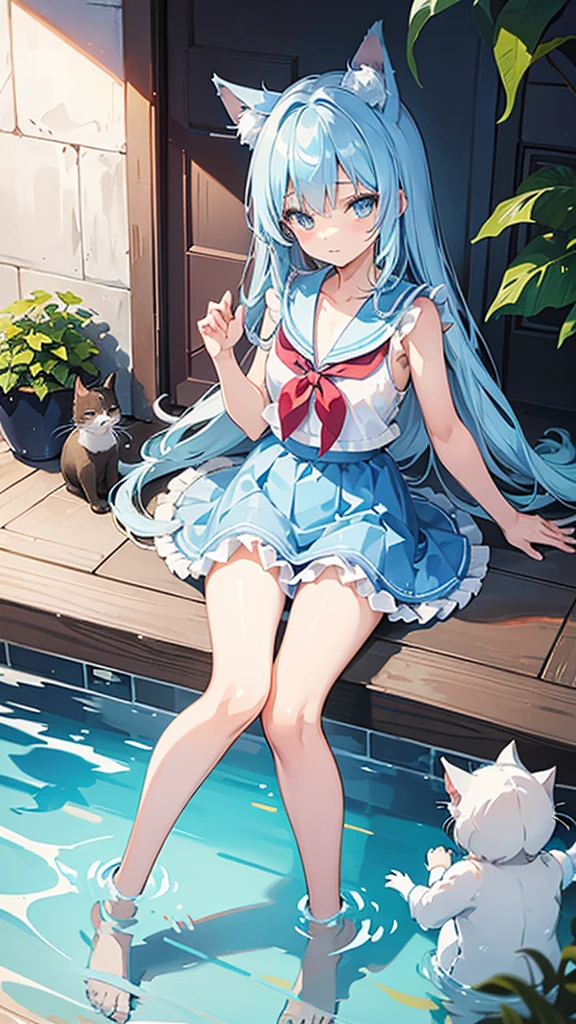 (Intricate and highly detailed illustration:1.8)、Cute Shota、Cat-eared ager、Light blue long hair,Wearing a sailor-style frilled camisole and frilled skirt style bikini、bright、Sparkling、in pool,