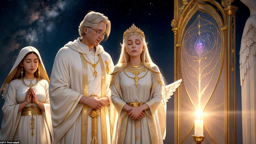 "Description: Illustrate a scene depicting individuals like Don Piper, Mary Neal, and Colton Burpo sharing their vivid glimpses into the afterlife. Show them surrounded by celestial light and symbols of heavenly realms, recounting their experiences with awe and conviction. Capture the intensity and transformative impact of their encounters on their lives.

Details: Use soft, ethereal lighting with gentle hues of gold, white, and celestial blues to create a sense of spiritual serenity and awe. Include elements such as angelic figures, radiant glows, and subtle celestial backgrounds to symbolize the divine nature of their experiences. Show expressions of wonder, reflection, and profound emotion on their faces, conveying the depth of their spiritual revelations."