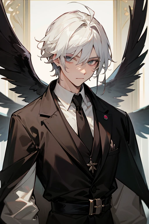 masterpiece,best quality,1boy,jewelry,male focus,looking at viewer,solo,upper body,white hair,crow
