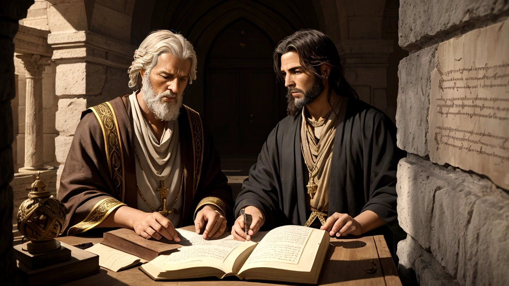 "Description: Create a collage-like scene illustrating both historical figures like the apostle Paul and contemporary individuals sharing their testimonies of divine encounters and the afterlife. Show a blend of ancient and modern settings, with each figure immersed in spiritual revelation and affirmation of biblical teachings.
Details: Use a dual-tone approach to depict historical and contemporary settings, emphasizing continuity and relevance across time. Incorporate symbolic elements such as scrolls, celestial symbols, and sacred texts to underscore the connection to biblical truths. Show expressions of contemplation, enlightenment, and spiritual awakening on the faces of these individuals, reflecting the profound impact of their testimonies on faith and hope."