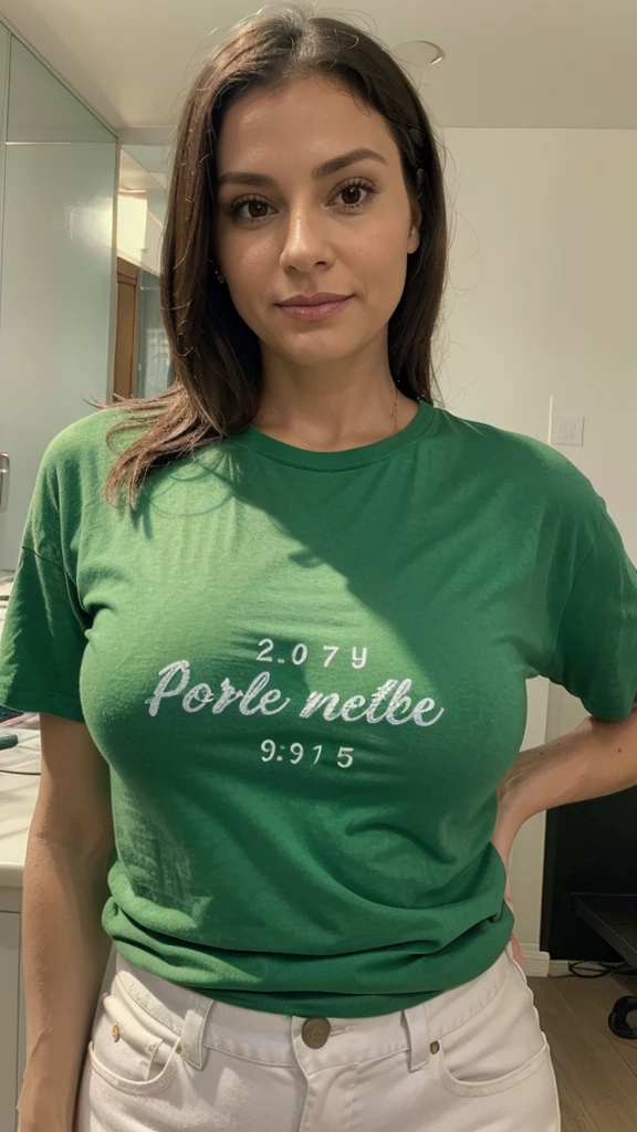 38 year old milf woman posing holding her own head, taking selfie on the phone screen, wearing a green t-shirt, casual