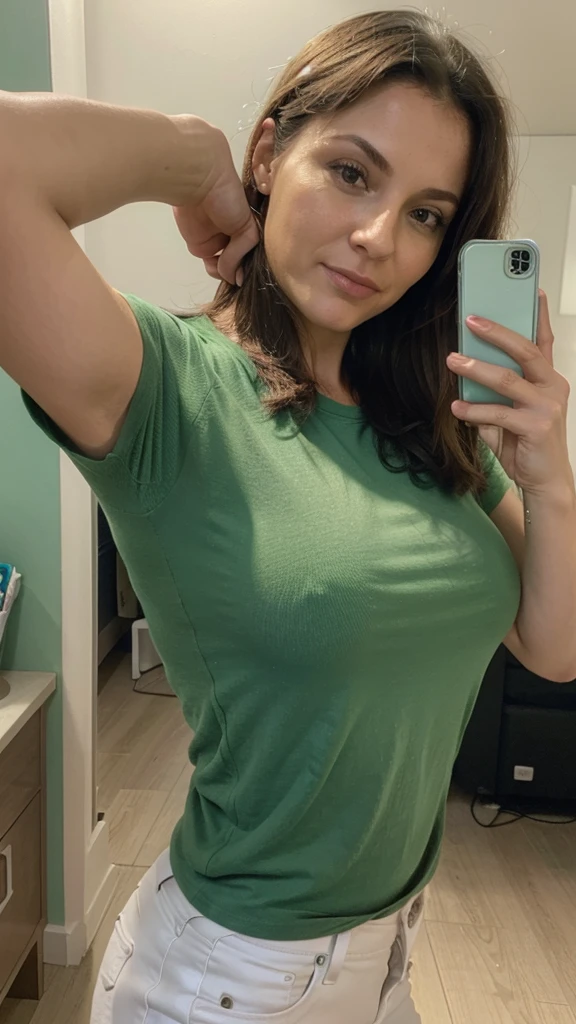 38 year old milf woman posing holding her own head, taking selfie on the phone screen, wearing a green t-shirt, casual