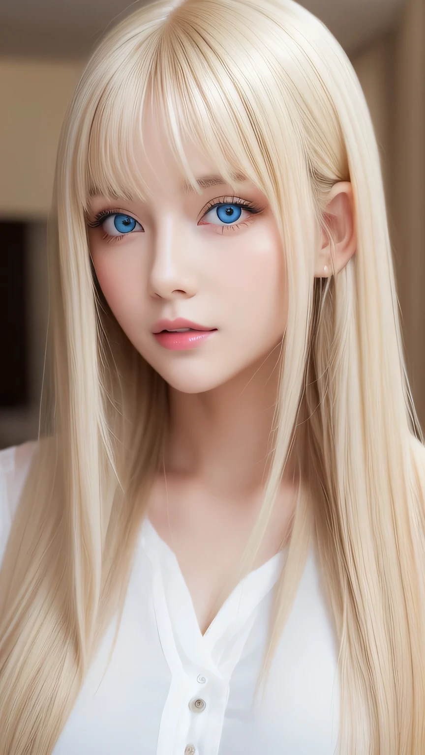 Highest quality、masterpiece、(Realistic:1.4)、One very beautiful blonde girl、Dazzlingly long, super long straight silky platinum blonde、Bangs between the eyes、bangs on the face、Big, very bright light blue eyes that shine so beautifully、Very big eyes、front、Detailed face、Beautiful Eyes、Very white and bright, beautiful skin、Small Face Beauty、14 year old beautiful girl、Cheek gloss highlighter、Round face