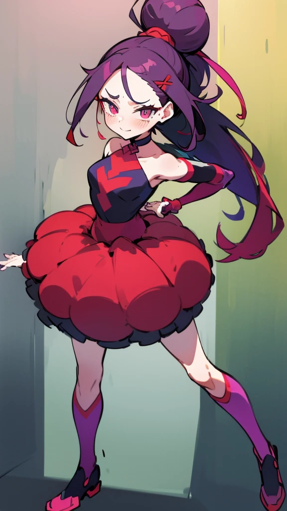 high tail hairstyle, Ponytail hairstyle, Long wavy black hair, standing posing, anime girl style, pixel art anime style,penetrating look with deep eyes,red and purple eyes, hair with a ponytail hairstyle trapped with a big red bun, Women, red hair clips, x color shaped hair clips , smiling face blush,