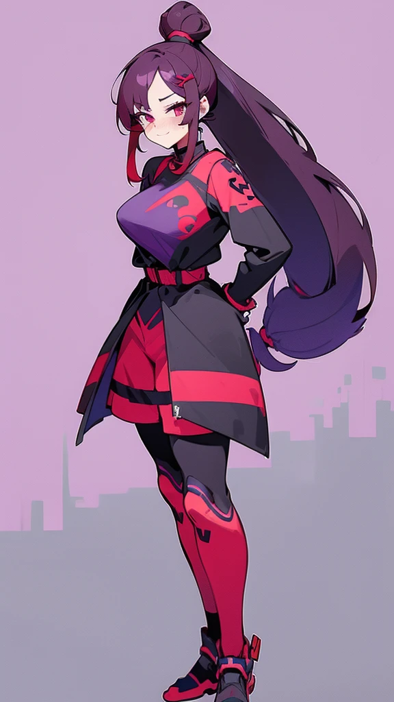 high tail hairstyle, Ponytail hairstyle, Long wavy black hair, standing posing, anime girl style, pixel art anime style,penetrating look with deep eyes,red and purple eyes, hair with a ponytail hairstyle trapped with a big red bun, Women, red hair clips, x color shaped hair clips , smiling face blush,