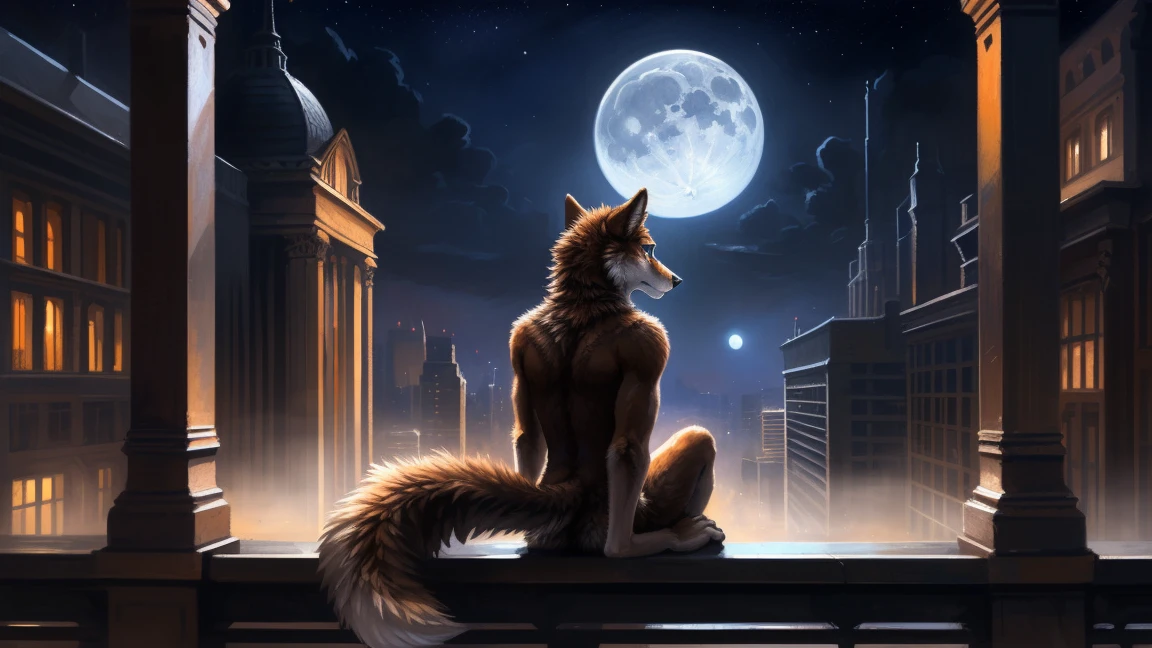 ((Solo)), male people, anthro wolf, (Multi-colored fur, White-brown:1.3), ((Wolf face, Big eyes, White eyelids, Blue pupil, Slim:1.2) (Tough, Calm expression:1.2)), (Height 2.1 meters,Tail length 1.5m), Abs, Slim, pinging, (Correct anatomy), (Contour bone:1.2), The upper body is naked, (detailed outfits), a long large tail,Feet,(Realistic fur, Detailed fur texture, labeled:1.3)), (Natural lighting), Photorealistic, Hyperrealistic, ultradetailed, by Kenket,In the modern city,Roof,the night,Sit alone,Look at the full moon,It was dark,Starry